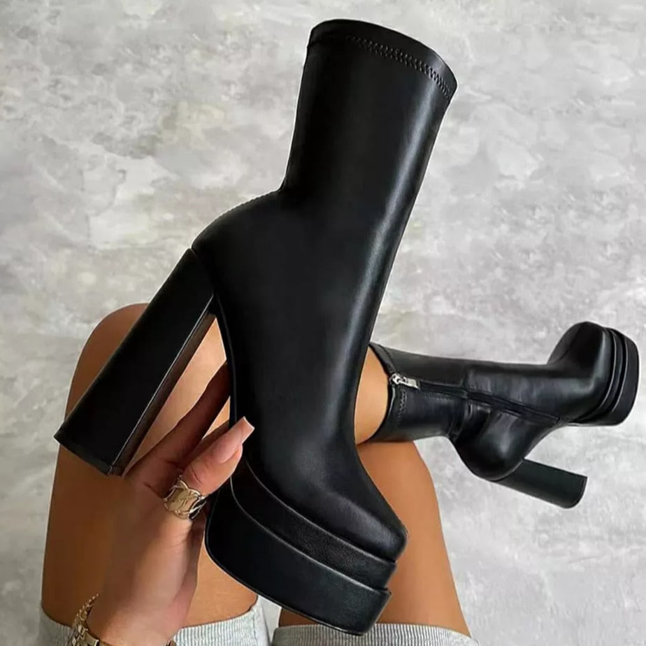 Merida Platform Block Heels In Black Canvas | XY London